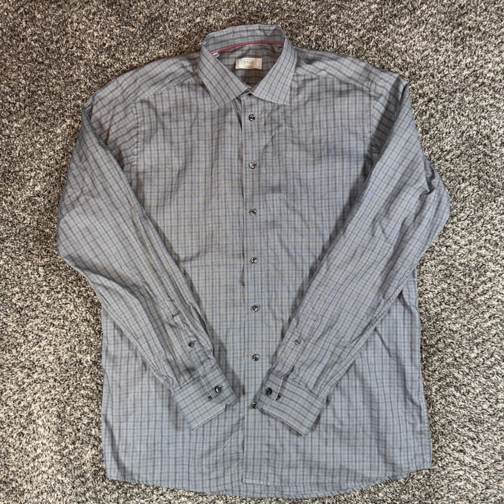 Eton Contemporary Fit 17 43 Grey Plaid Cotton Dress Shirt Mens Long Sleeve